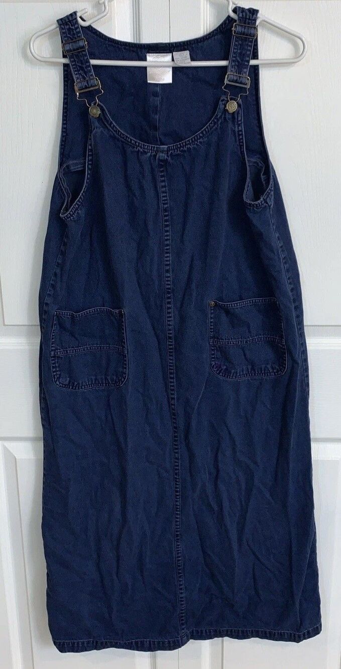 Vintage Christopher & Banks Denim Overall Maxi Dress Womens L Jumper Sleeveless